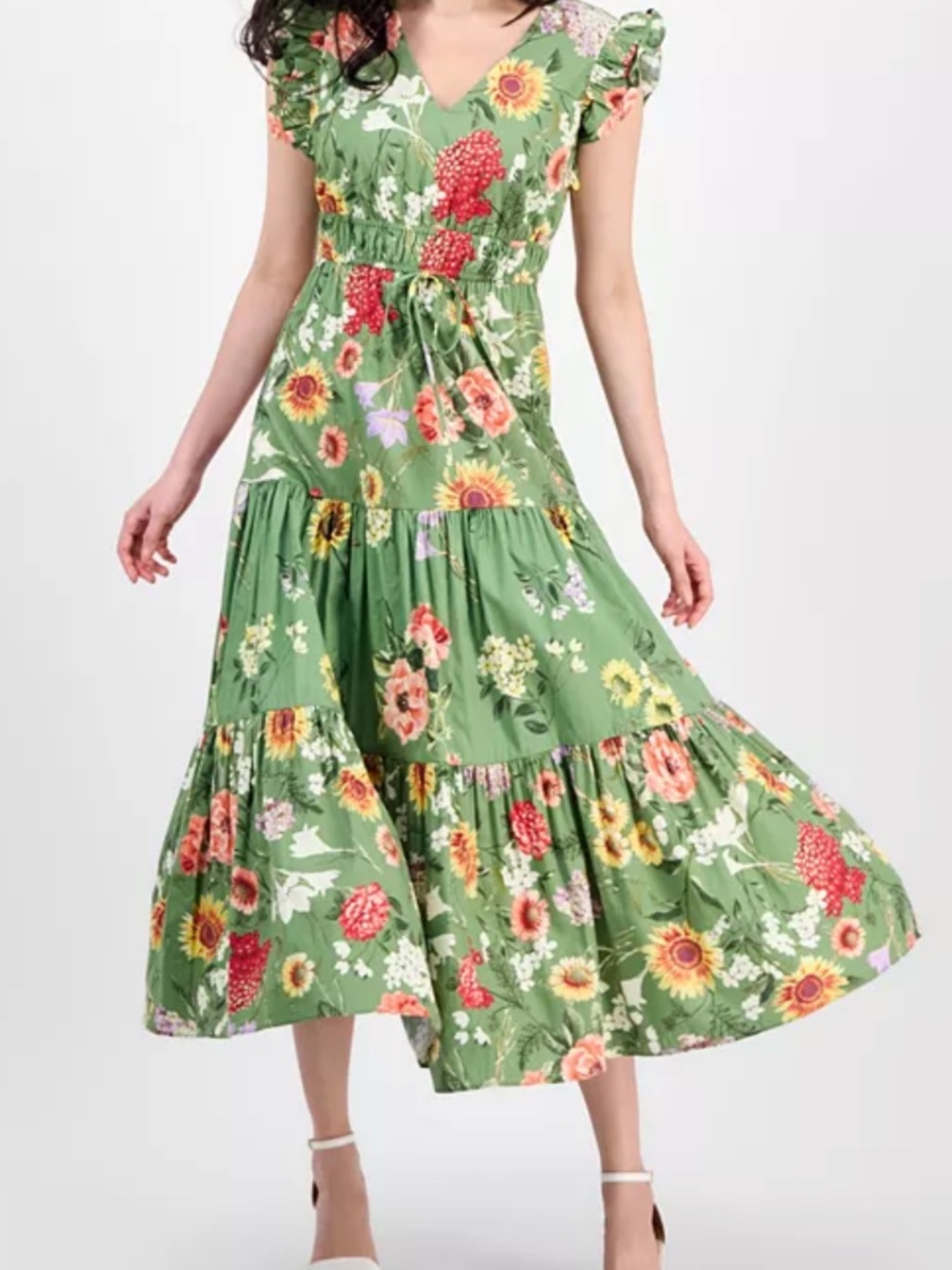 Anne Klein Green Floral Tiered Midi Dress Cottagecore Garden Party Large - Picture 13 of 13